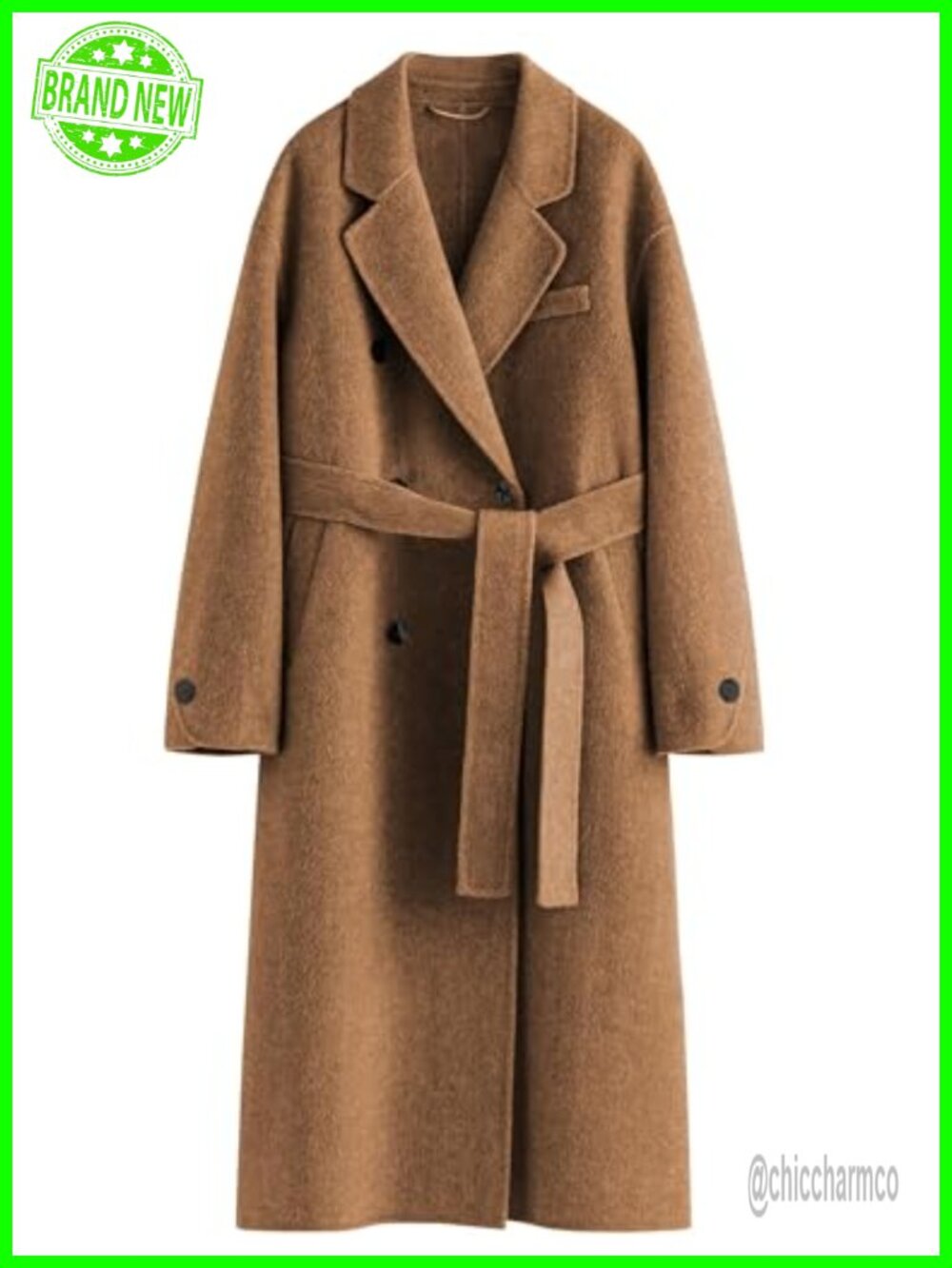 Wool Blend Pea Coat Double Breasted Belted Trench Coat Fall Winter